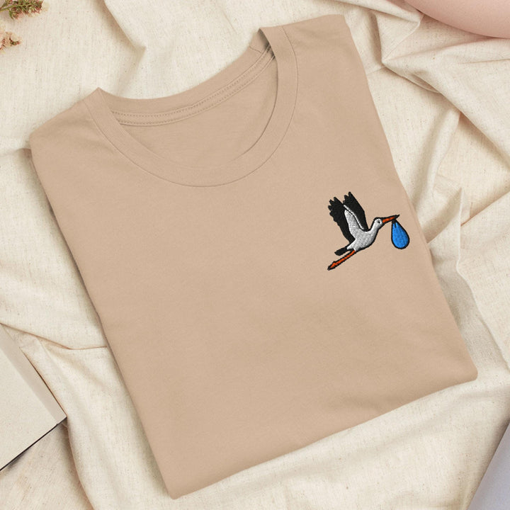 Flying Stork with Baby Bundle Embroidered T-Shirt: Lightweight Cotton, Unisex Fit
