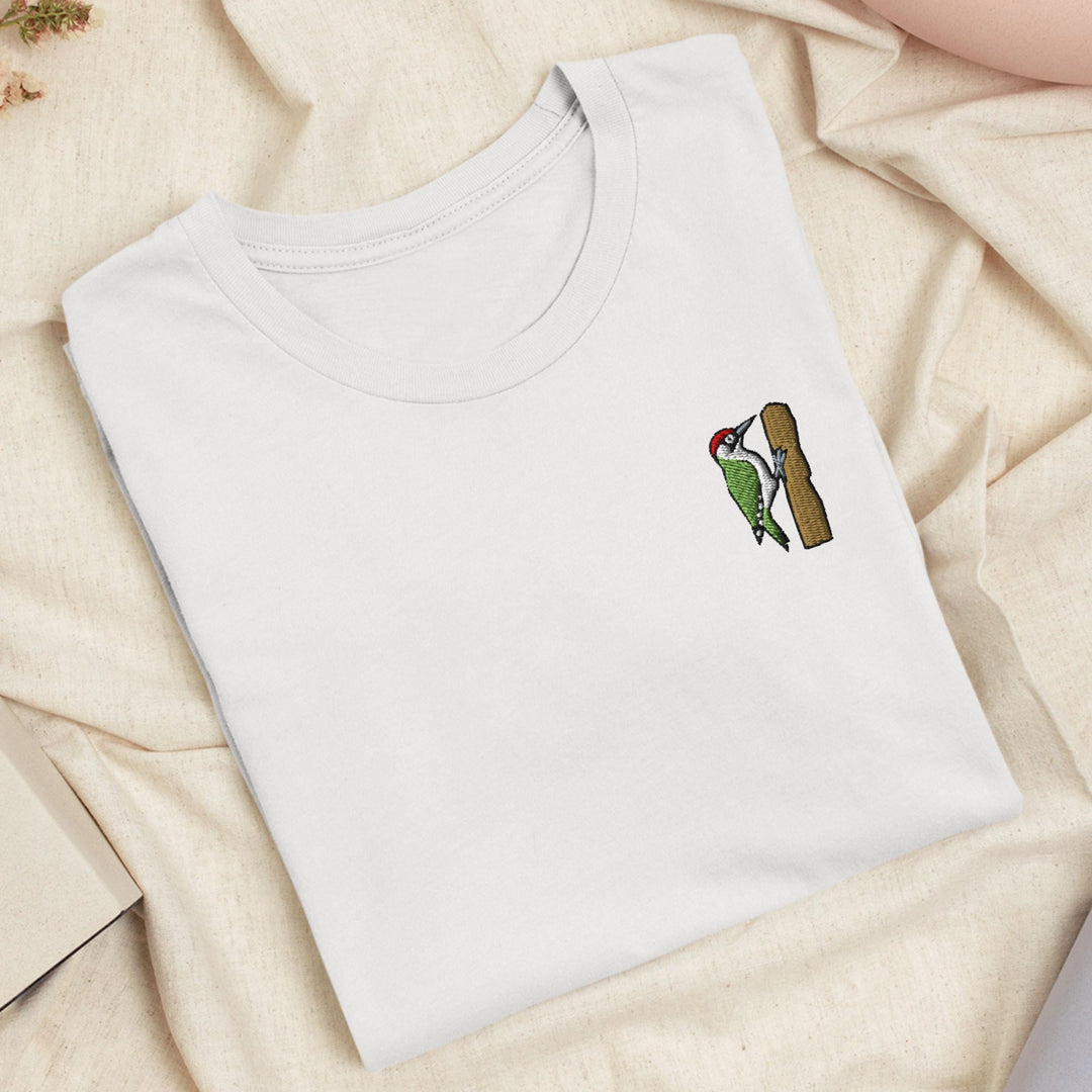 European Green Woodpecker (Picus viridis) Embroidered T-Shirt: Lightweight Cotton, Unisex Fit