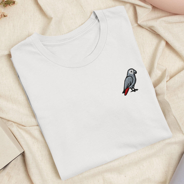 African Grey Parrot Embroidered T-Shirt: Lightweight Cotton, Unisex Fit