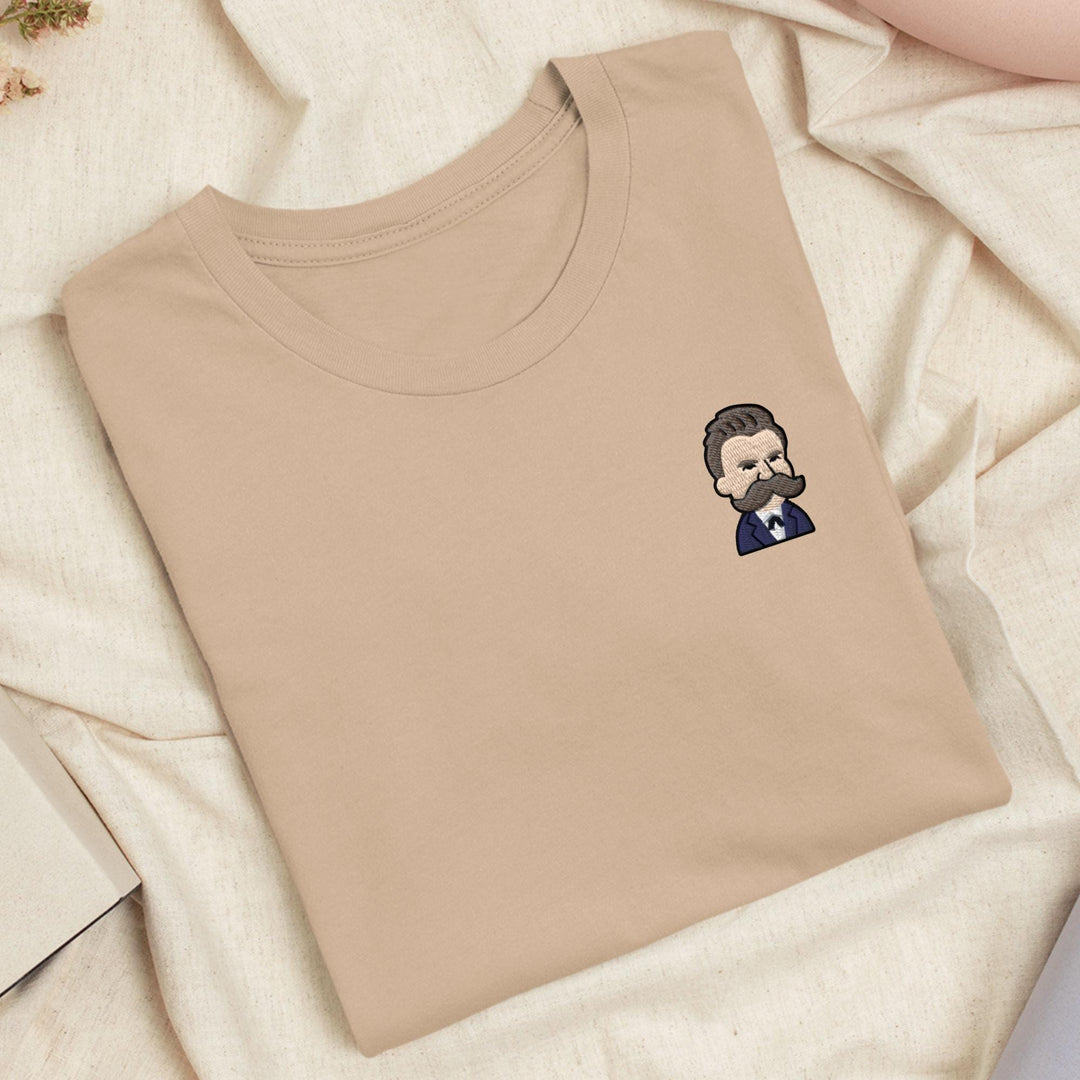 Cartoon Friedrich Nietzsche Embroidered T-Shirt: Lightweight Cotton, Unisex Fit