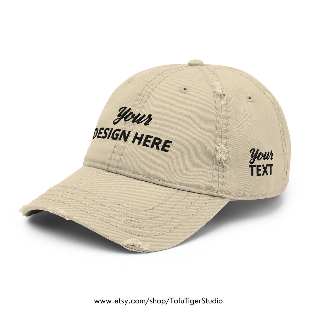 DISTRESSED DAD HAT - Your Design, Logo or Text - Embroidered Cotton Low Profile Baseball Cap  - Bulk Order Discounts Available