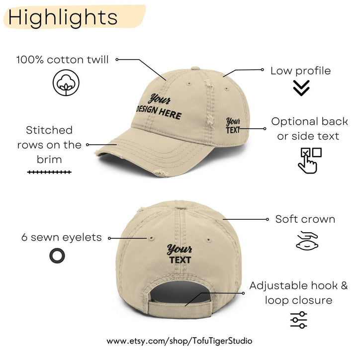 DISTRESSED DAD HAT - Your Design, Logo or Text - Embroidered Cotton Low Profile Baseball Cap  - Bulk Order Discounts Available