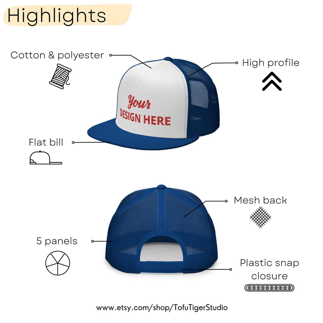 5 PANEL TRUCKER - Your Design, Logo or Text - Embroidered High Profile Mesh Back Snapback  - Bulk Order Discounts Available