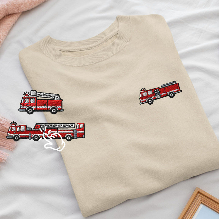Red Fire Truck Embroidered Crewneck Sweatshirt: Cotton Blend, Unisex Fit