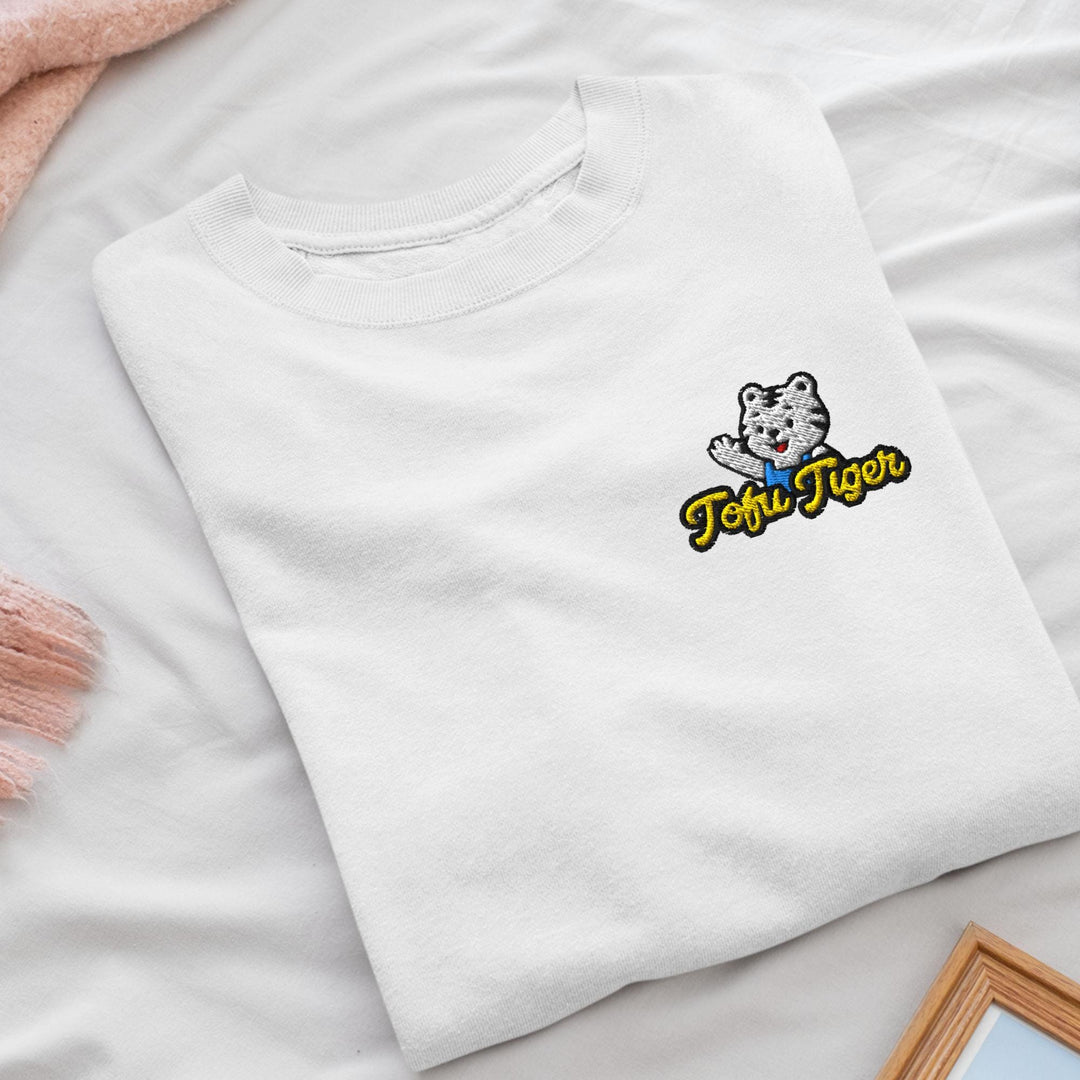 Tofu Tiger Mascot Embroidered Crewneck Sweatshirt: Cotton Blend, Unisex Fit