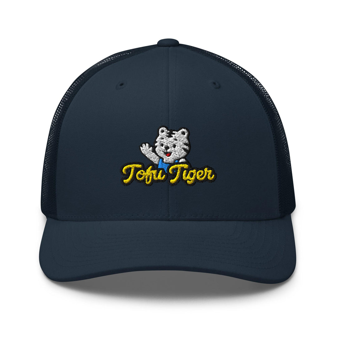 Tofu Tiger Mascot Embroidered Trucker Hat: Structured Retro Cap with Mesh Back
