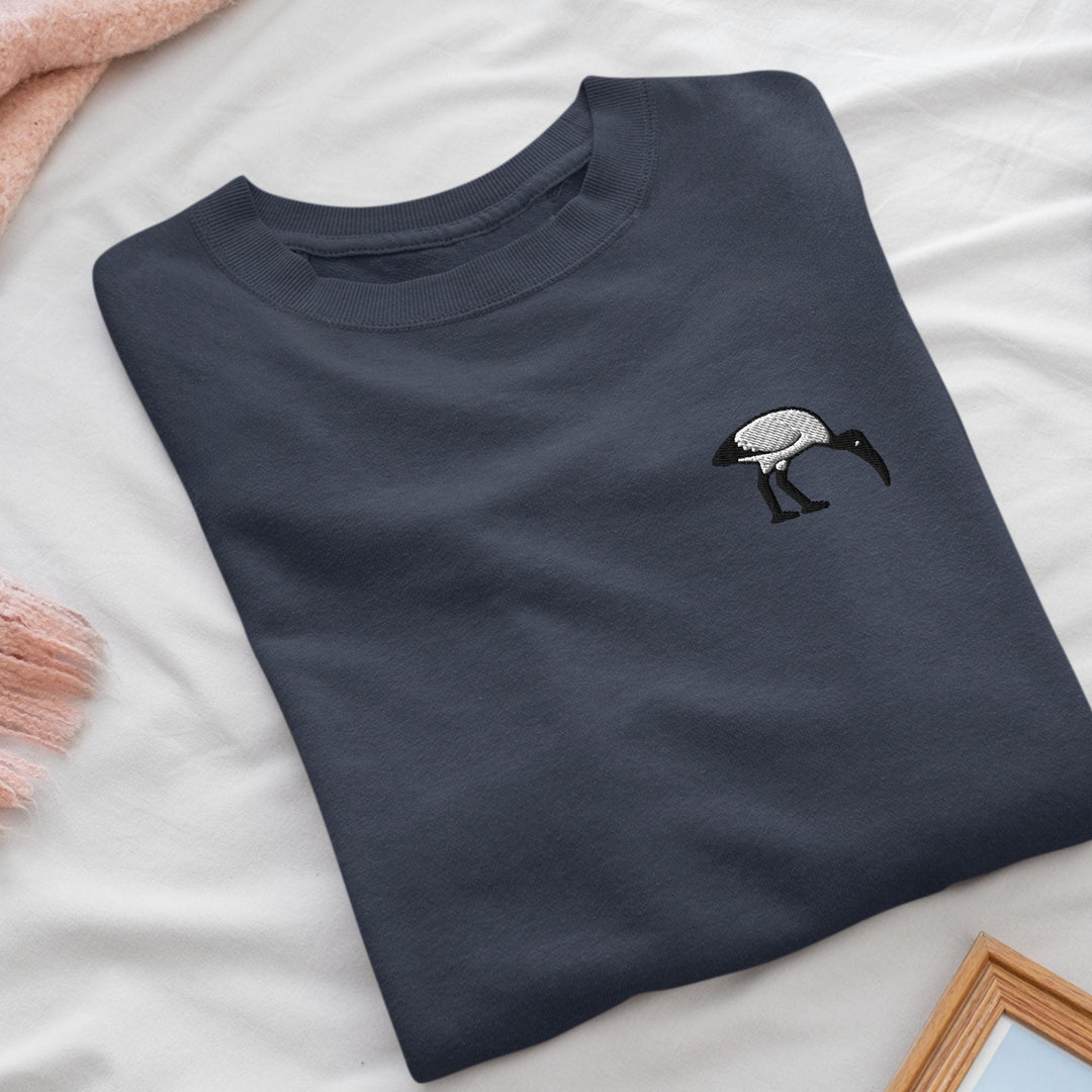 Bin Chicken Ibis Bird Embroidered Crewneck Sweatshirt: Cotton Blend, Unisex Fit