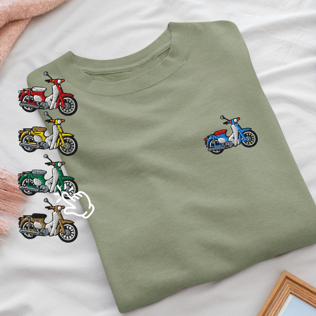Classic Japanese Commuter Motorbike Embroidered Crewneck Sweatshirt: Cotton Blend, Unisex Fit
