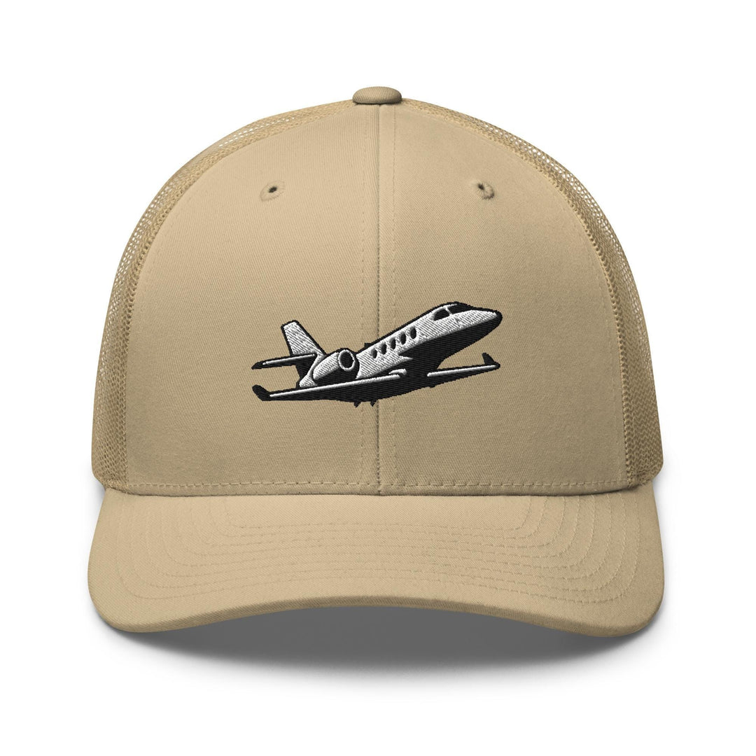 Business Jet Embroidered Trucker Hat: Structured Retro Cap with Mesh Back