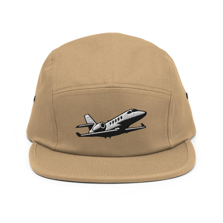 Business Jet Embroidered 5‑Panel Cotton Camper Cap: Adjustable Fit
