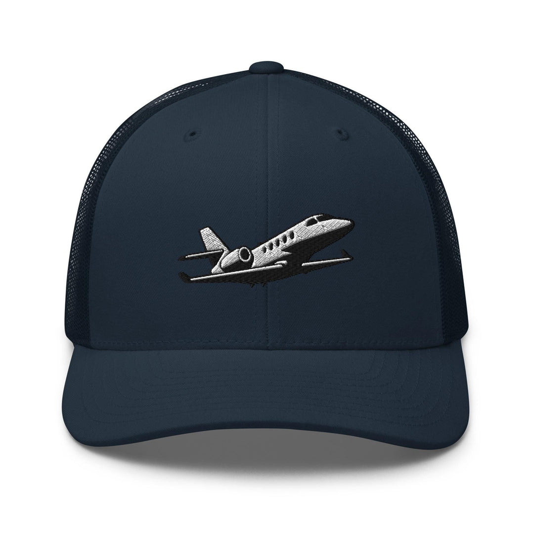 Business Jet Embroidered Trucker Hat: Structured Retro Cap with Mesh Back