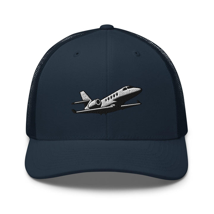 Business Jet Embroidered Trucker Hat: Structured Retro Cap with Mesh Back
