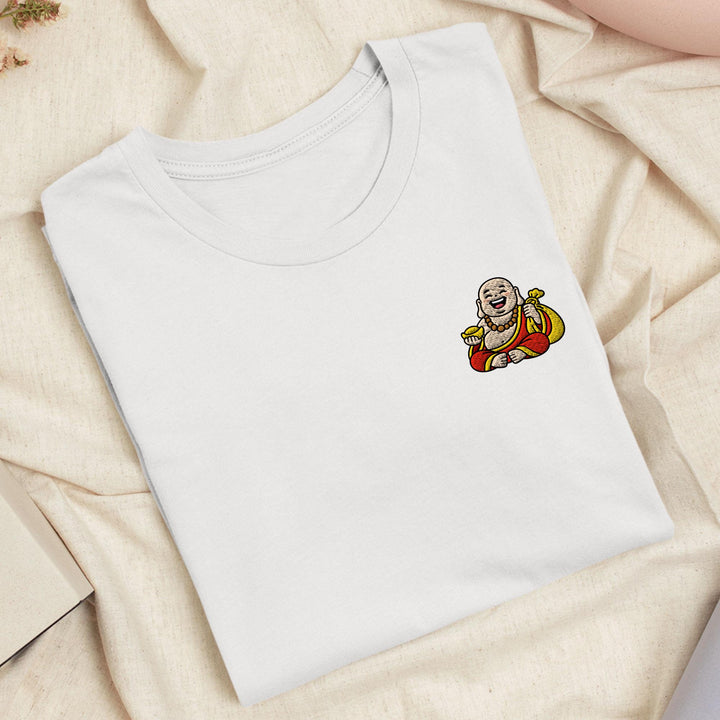 Budai Laughing Buddha Embroidered T-Shirt: Lightweight Cotton, Unisex Fit