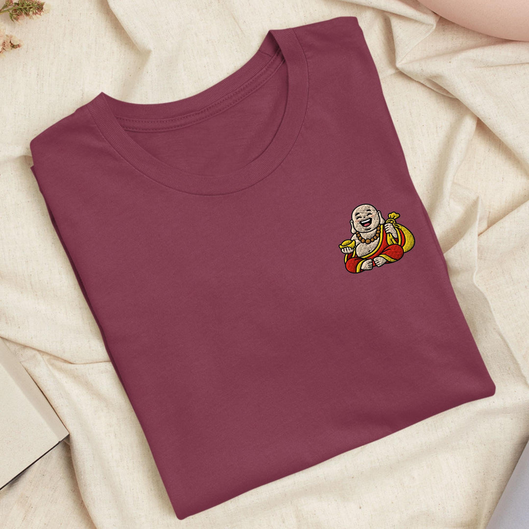 Budai Laughing Buddha Embroidered T-Shirt: Lightweight Cotton, Unisex Fit