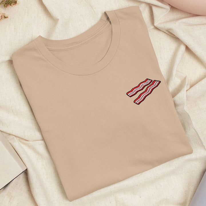 Crispy Bacon Strips Embroidered T-Shirt: Lightweight Cotton, Unisex Fit