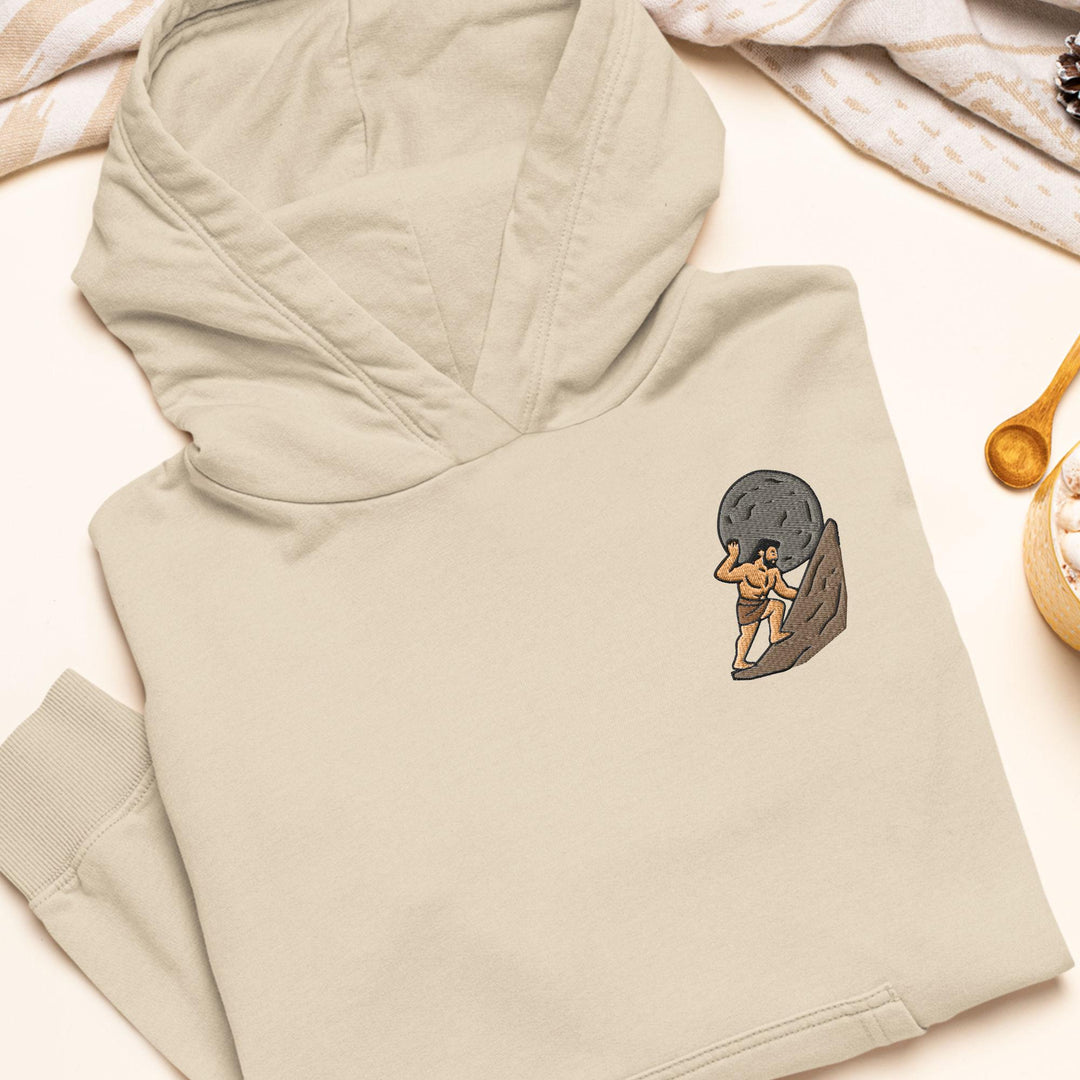 Sisyphus Pushing Boulder Embroidered Hoodie: Heavy Blend Cotton-Poly, Unisex Fit