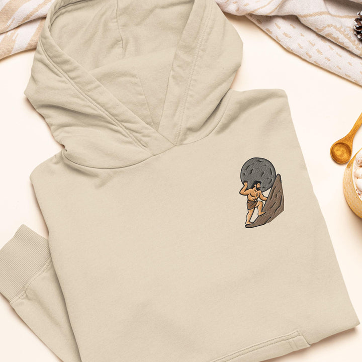 Sisyphus Pushing Boulder Embroidered Hoodie: Heavy Blend Cotton-Poly, Unisex Fit