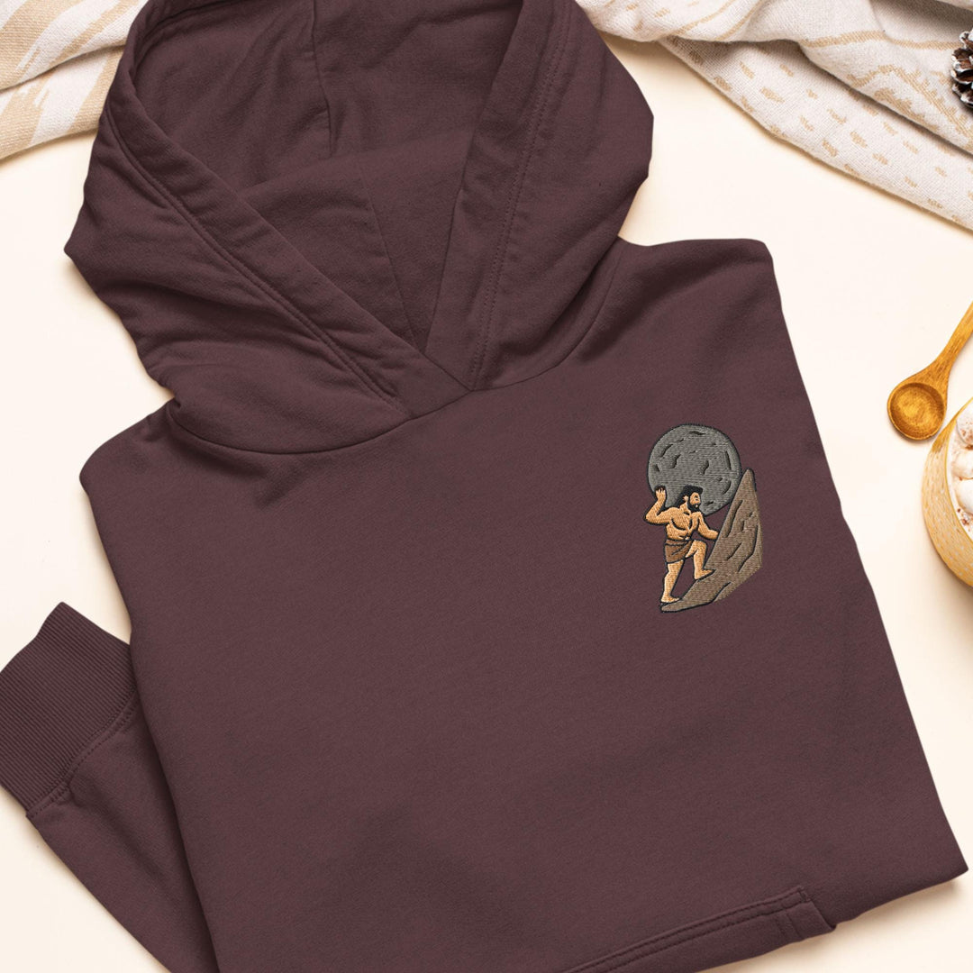 Sisyphus Pushing Boulder Embroidered Hoodie: Heavy Blend Cotton-Poly, Unisex Fit