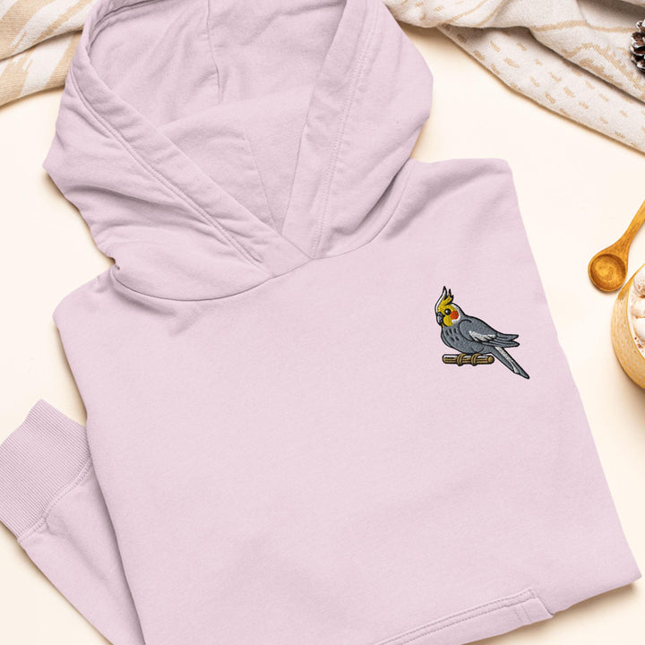 Cockatiel on a Perch Embroidered Hoodie: Heavy Blend Cotton-Poly, Unisex Fit