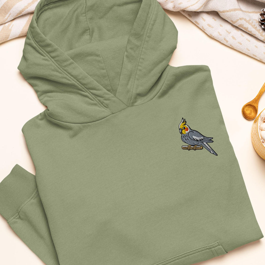 Cockatiel on a Perch Embroidered Hoodie: Heavy Blend Cotton-Poly, Unisex Fit