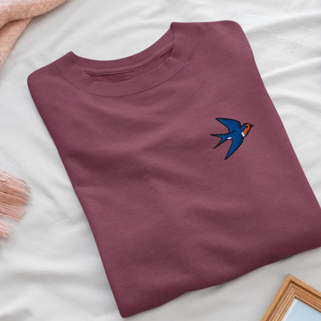 Swallow Bird Embroidered Crewneck Sweatshirt: Cotton Blend, Unisex Fit