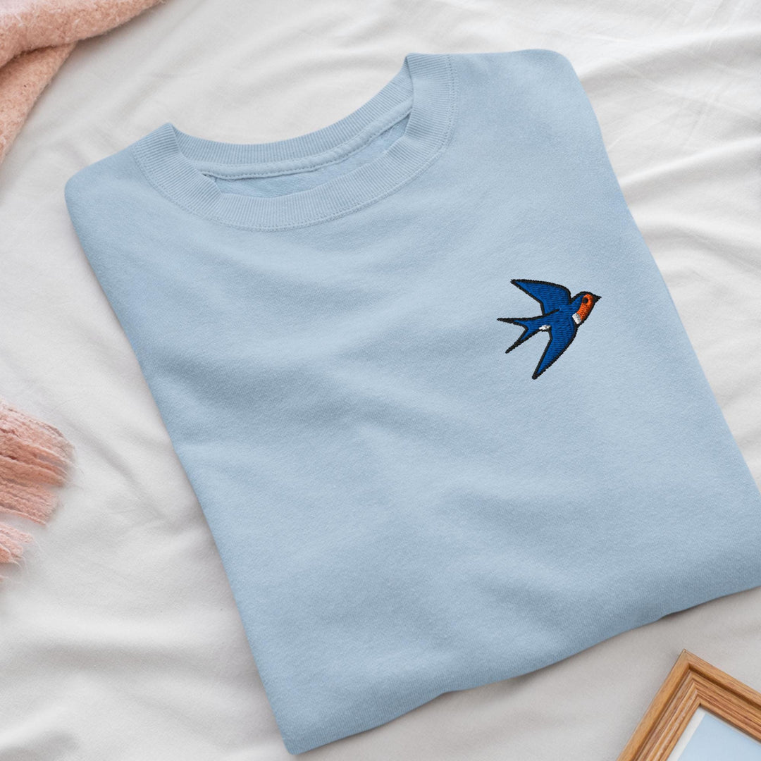 Swallow Bird Embroidered Crewneck Sweatshirt: Cotton Blend, Unisex Fit