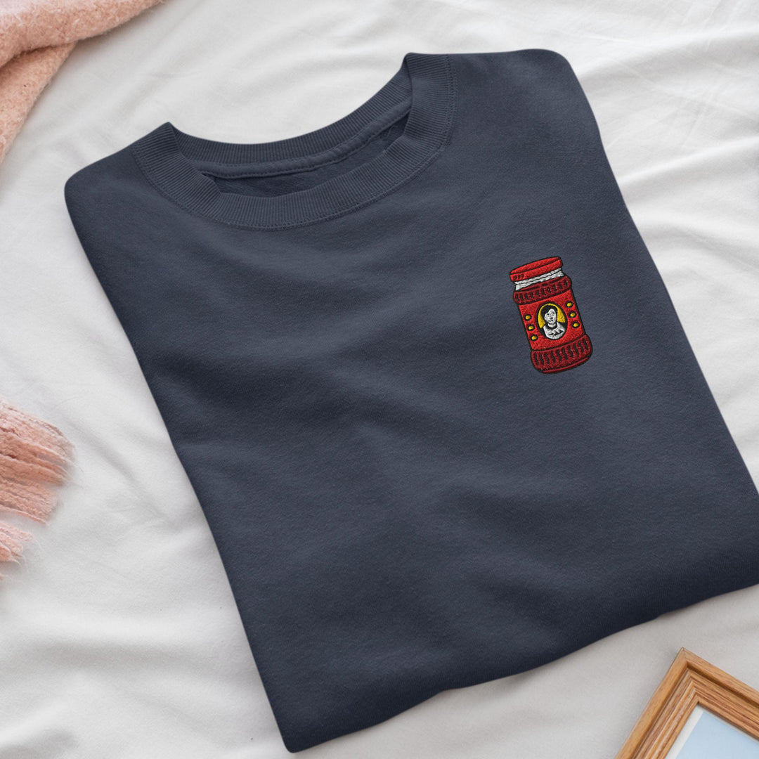 Asian Chili Condiment Jar Embroidered Crewneck Sweatshirt: Cotton Blend, Unisex Fit