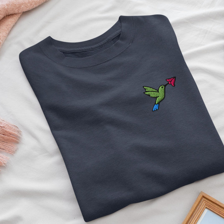 Hummingbird Embroidered Crewneck Sweatshirt: Cotton Blend, Unisex Fit