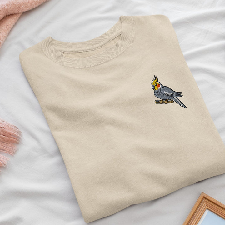 Cockatiel on a Perch Embroidered Crewneck Sweatshirt: Cotton Blend, Unisex Fit