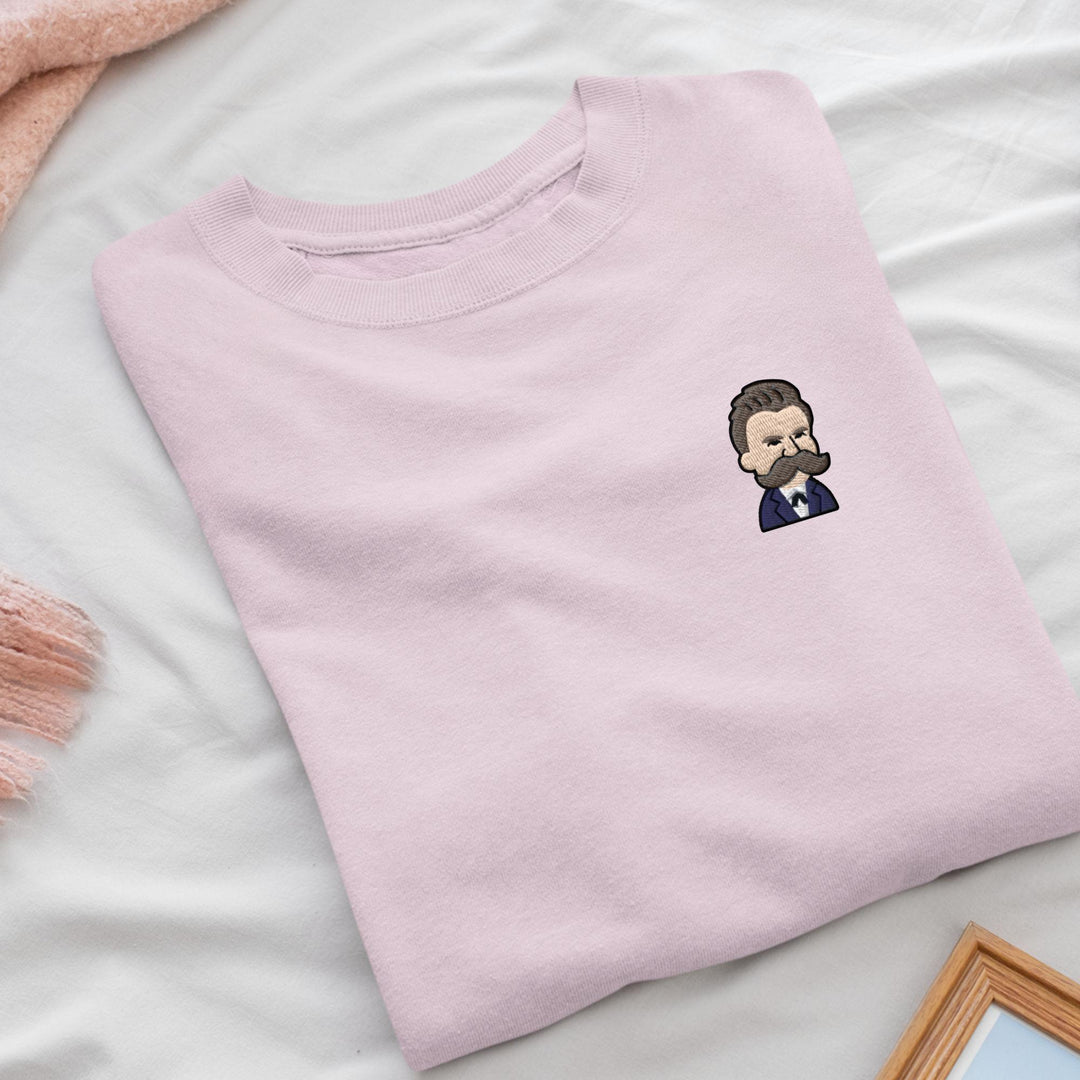 Cartoon Friedrich Nietzsche Embroidered Crewneck Sweatshirt: Cotton Blend, Unisex Fit