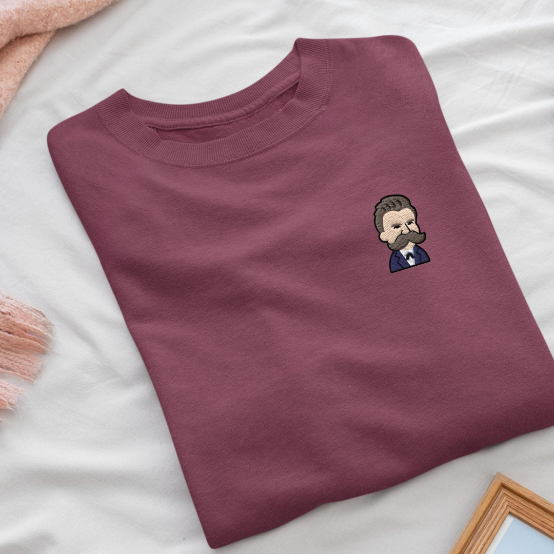 Cartoon Friedrich Nietzsche Embroidered Crewneck Sweatshirt: Cotton Blend, Unisex Fit