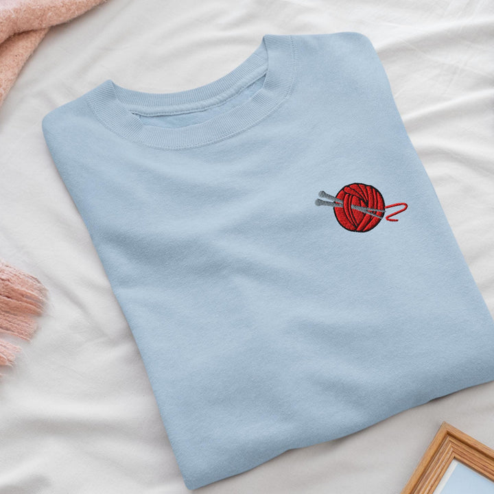 Knitting Needle and Yarn Embroidered Crewneck Sweatshirt: Cotton Blend, Unisex Fit