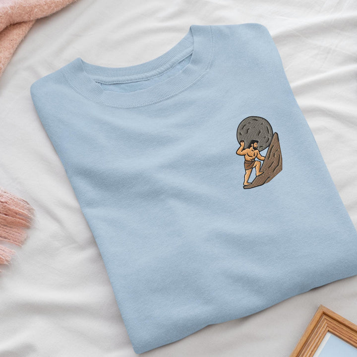 Sisyphus Pushing Boulder Embroidered Crewneck Sweatshirt: Cotton Blend, Unisex Fit