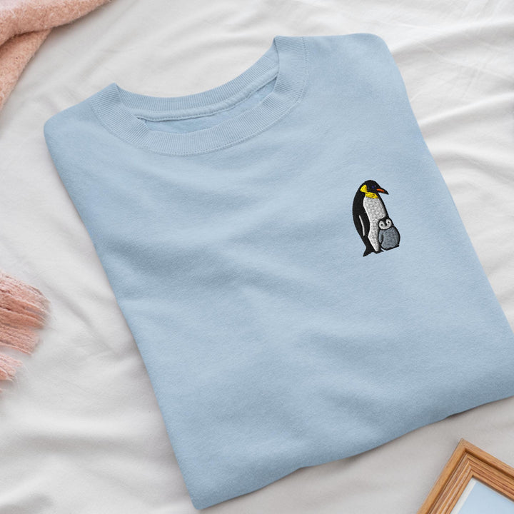 Emperor Penguin with Chick Embroidered Crewneck Sweatshirt: Cotton Blend, Unisex Fit