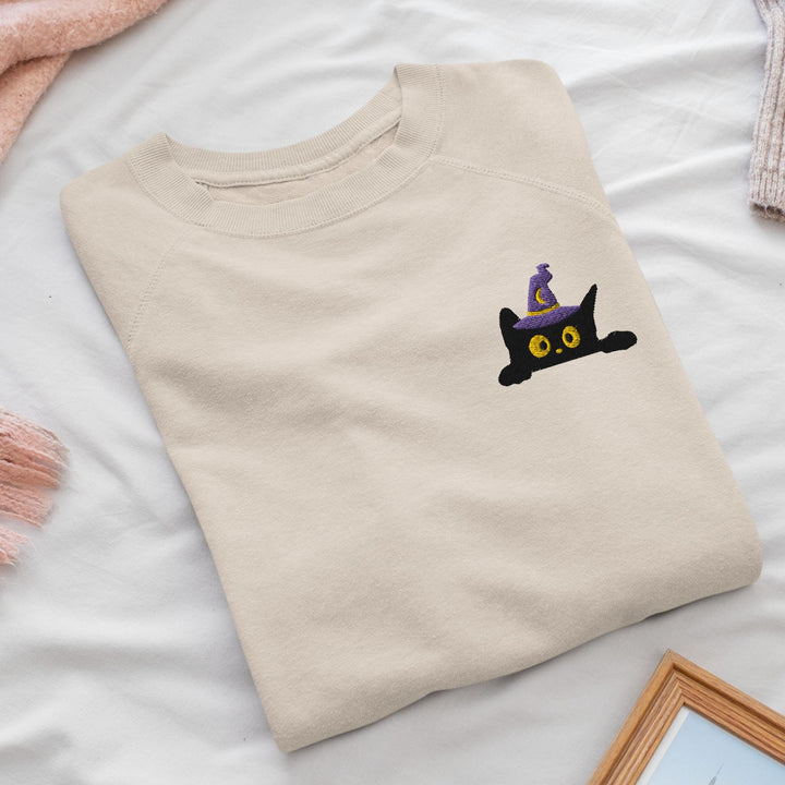 Black Wizard Cat Embroidered Crewneck Sweatshirt: Cotton Blend, Unisex Fit