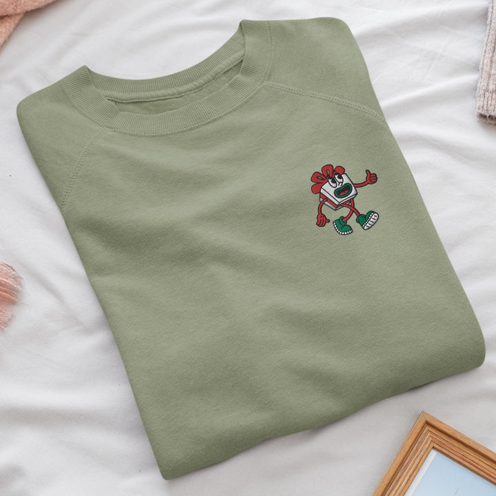 Retro Christmas Gift Wrapped Box Embroidered Crewneck Sweatshirt: Cotton Blend, Unisex Fit