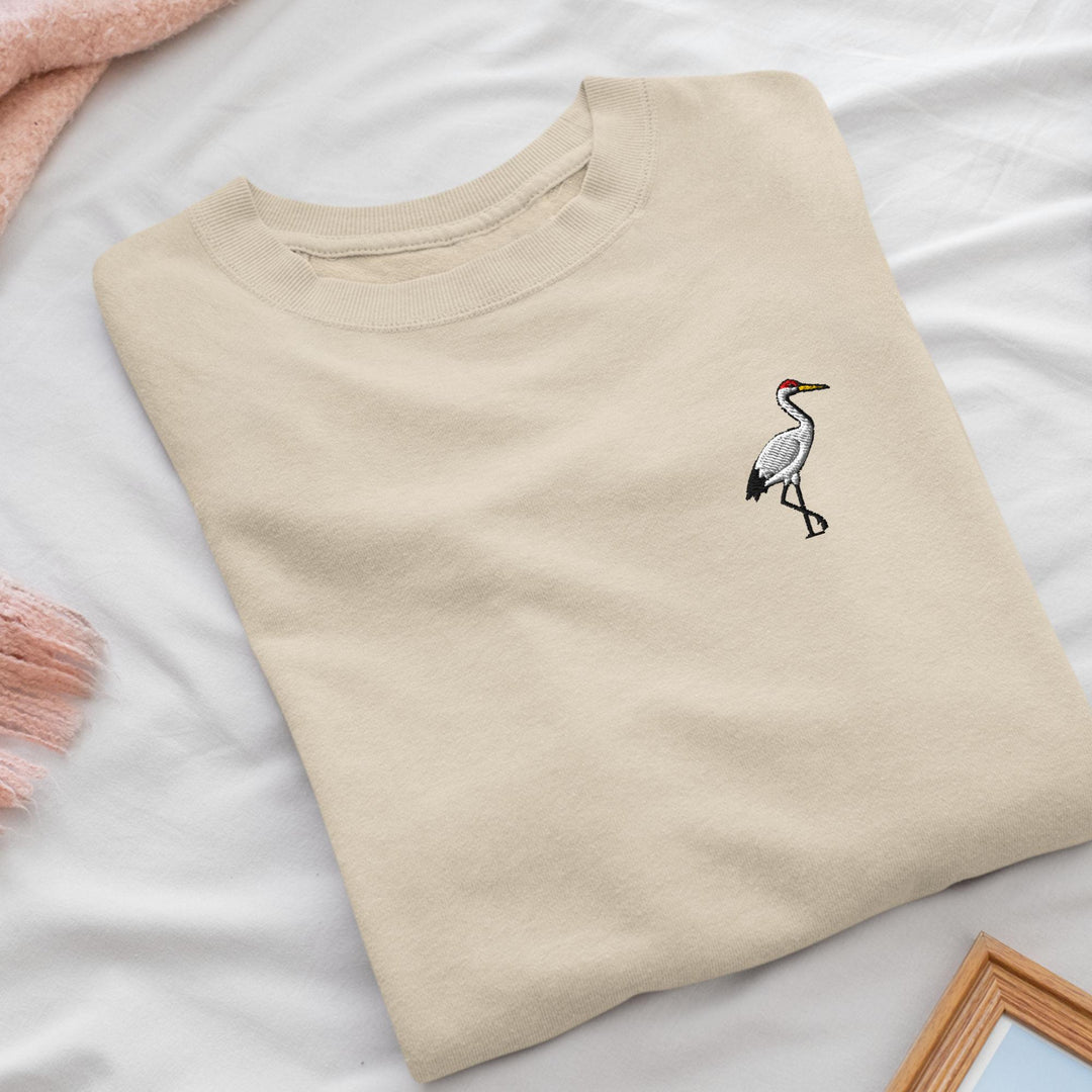 Crane Bird Embroidered Crewneck Sweatshirt: Cotton Blend, Unisex Fit