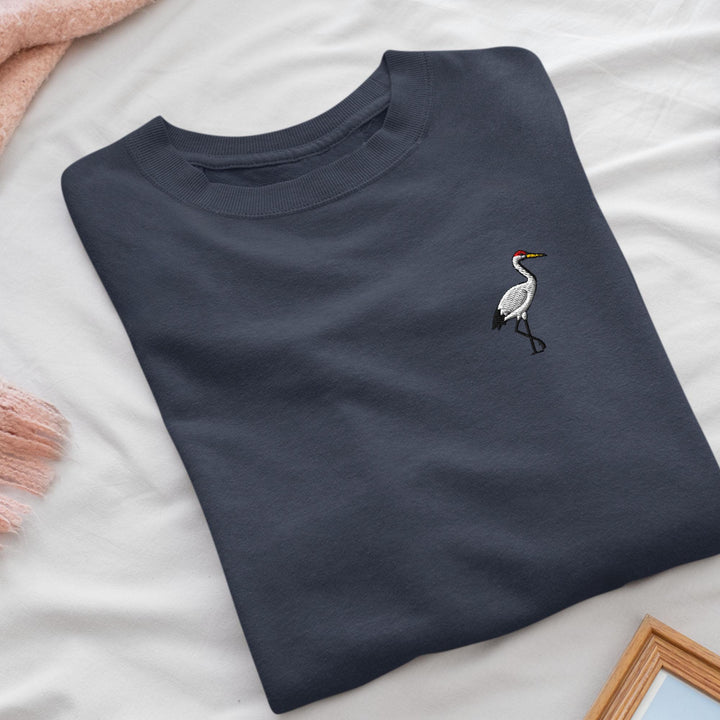 Crane Bird Embroidered Crewneck Sweatshirt: Cotton Blend, Unisex Fit