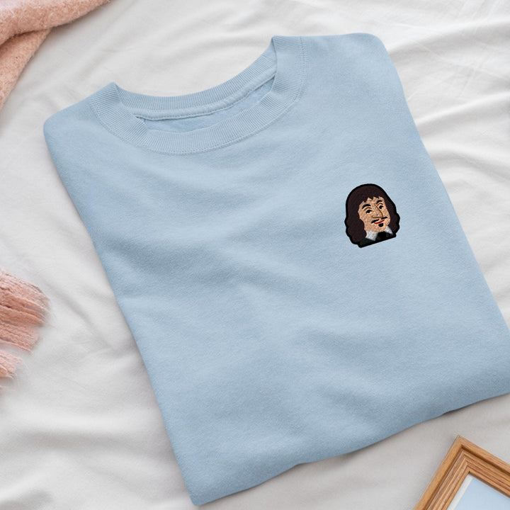 Cartoon René Descartes Embroidered Crewneck Sweatshirt: Cotton Blend, Unisex Fit