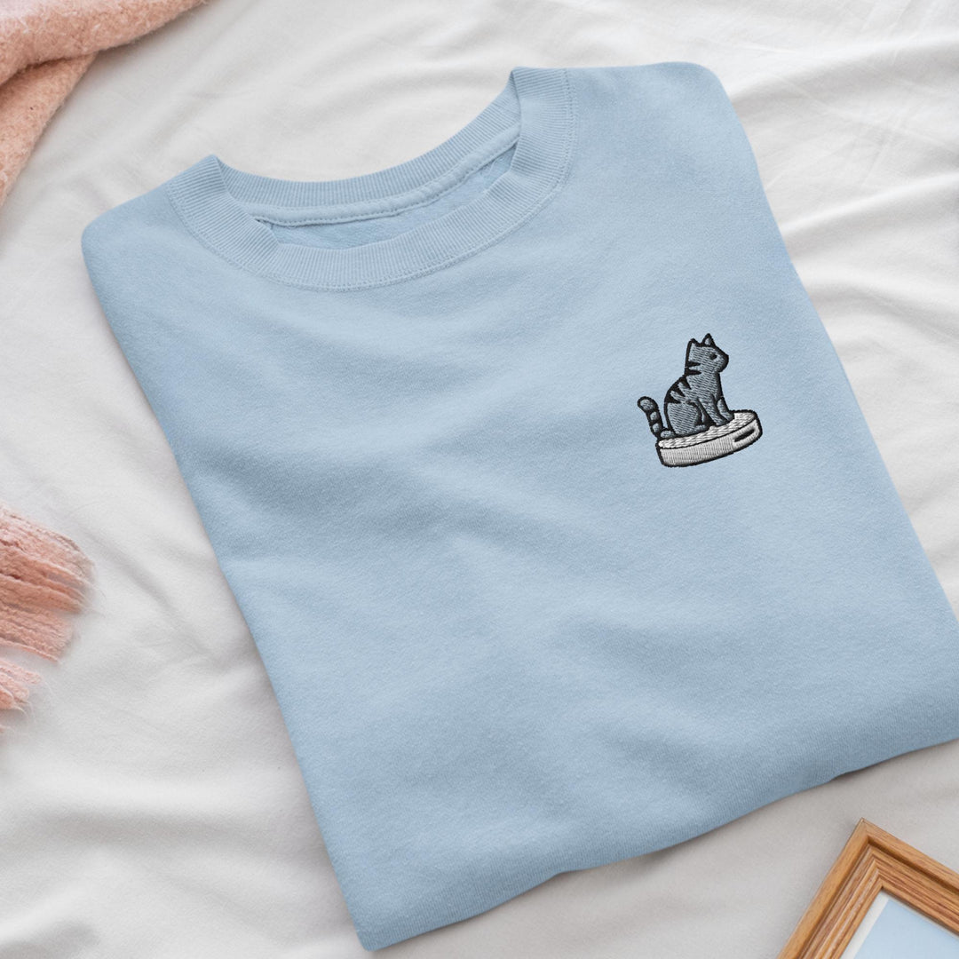 Cat on Vacuum Robot Embroidered Crewneck Sweatshirt: Cotton Blend, Unisex Fit