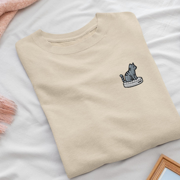 Cat on Vacuum Robot Embroidered Crewneck Sweatshirt: Cotton Blend, Unisex Fit