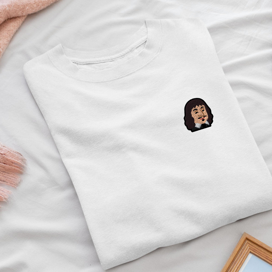 Cartoon René Descartes Embroidered Crewneck Sweatshirt: Cotton Blend, Unisex Fit