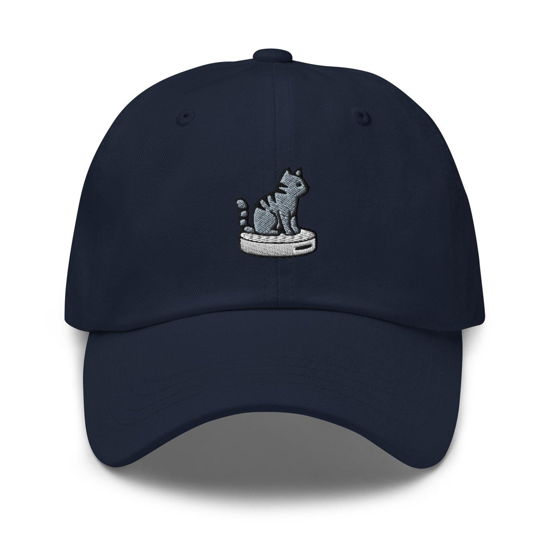 Cat on Vacuum Robot Embroidered Dad Cap: Chino Cotton Twill Adjustable Unisex Hat