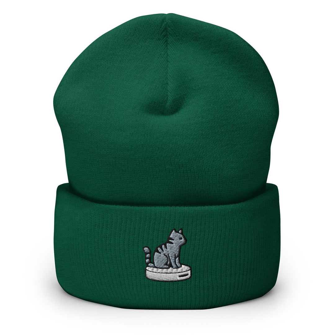 Cat on Vacuum Robot Embroidered Cuffed Beanie: Cozy Unisex Winter Cap