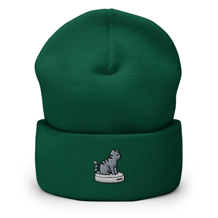 Cat on Vacuum Robot Embroidered Cuffed Beanie: Cozy Unisex Winter Cap