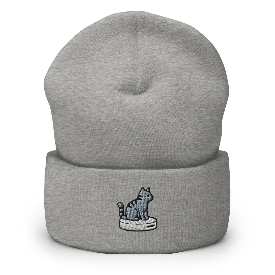 Cat on Vacuum Robot Embroidered Cuffed Beanie: Cozy Unisex Winter Cap