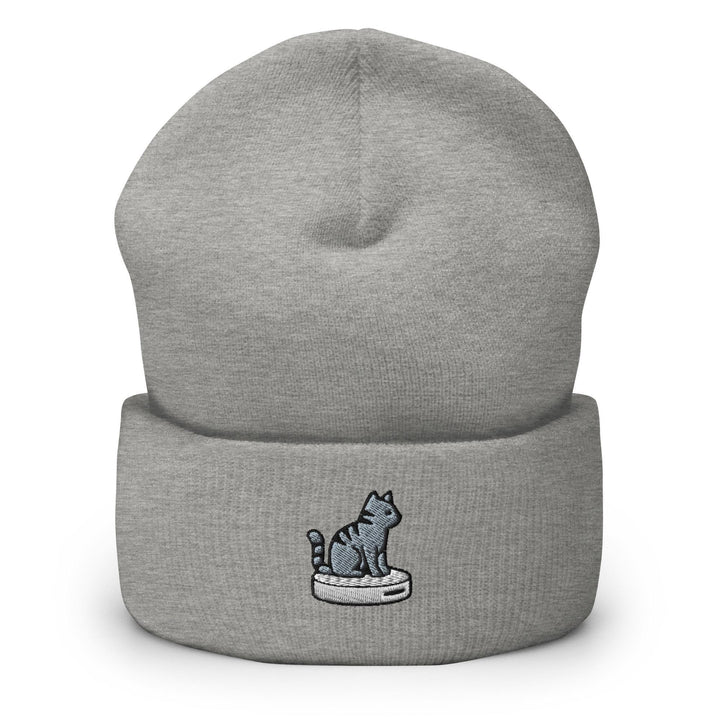 Cat on Vacuum Robot Embroidered Cuffed Beanie: Cozy Unisex Winter Cap
