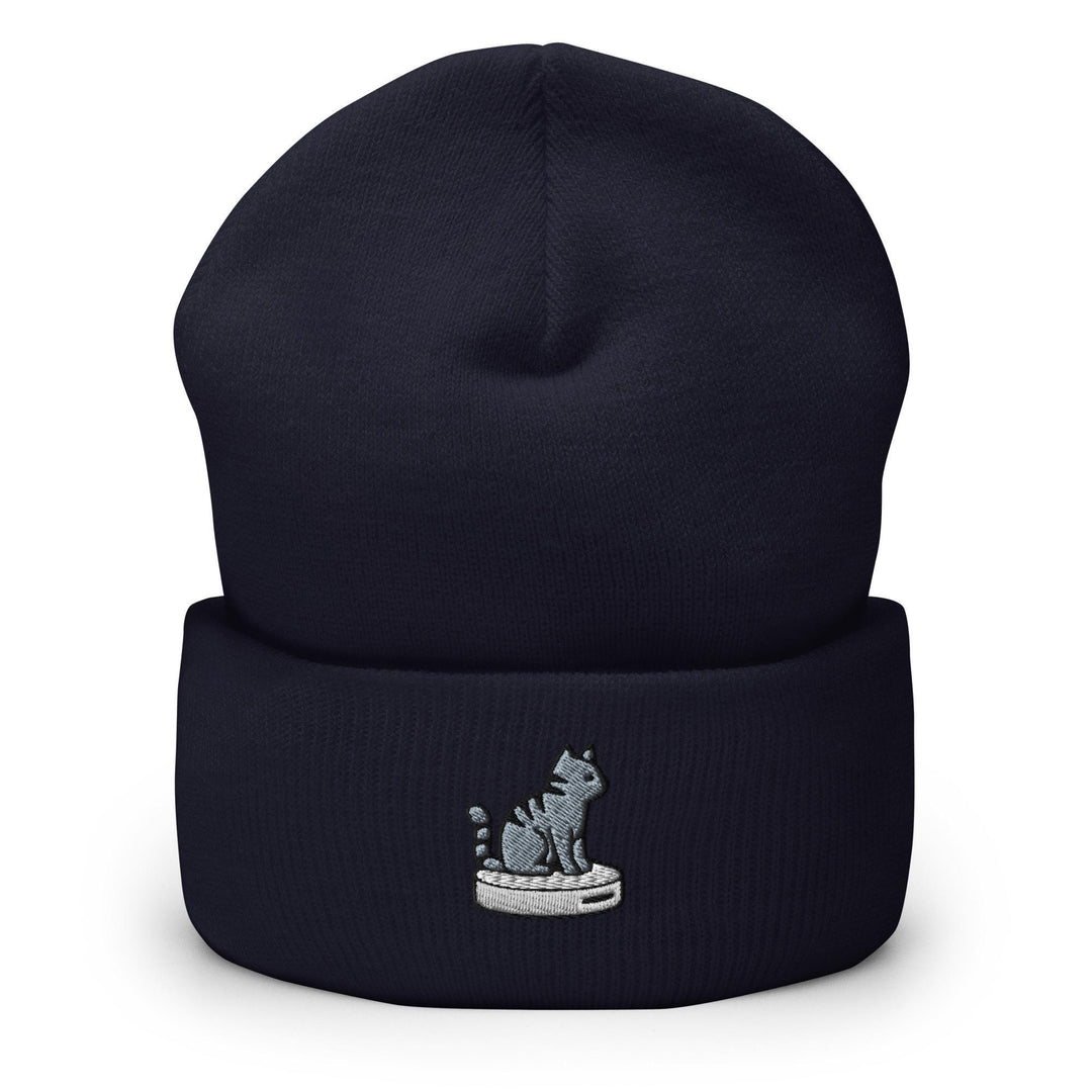 Cat on Vacuum Robot Embroidered Cuffed Beanie: Cozy Unisex Winter Cap