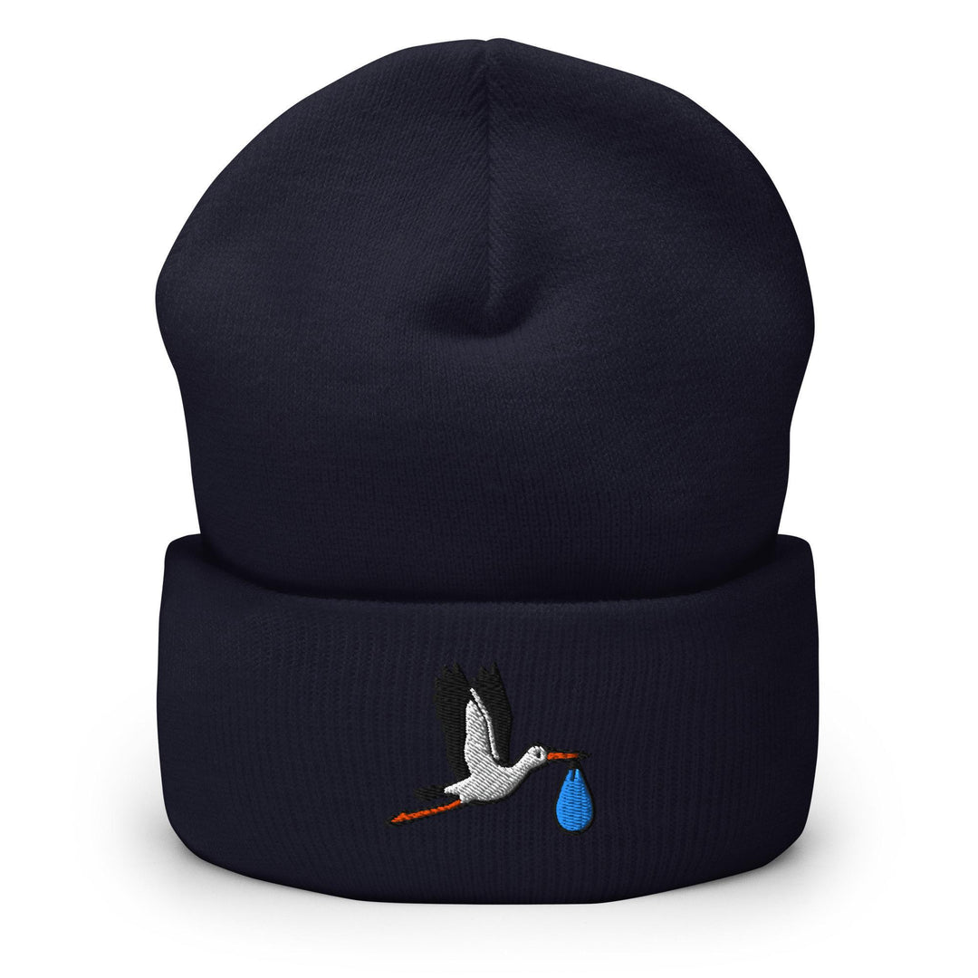 Flying Stork with Baby Bundle Embroidered Cuffed Beanie: Cozy Unisex Winter Cap