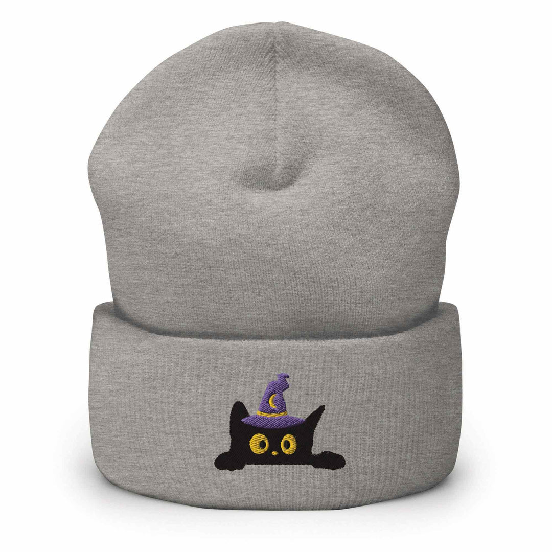 Black Wizard Cat Embroidered Cuffed Beanie: Cozy Unisex Winter Cap